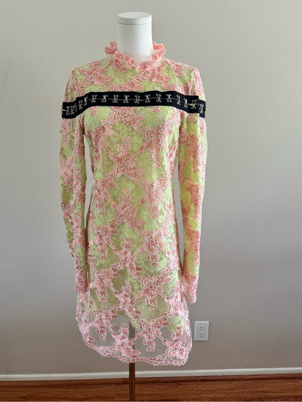 Marques’ Almeida Lace Long-Sleeve Shift Dress in Pastel Pink and Light Green